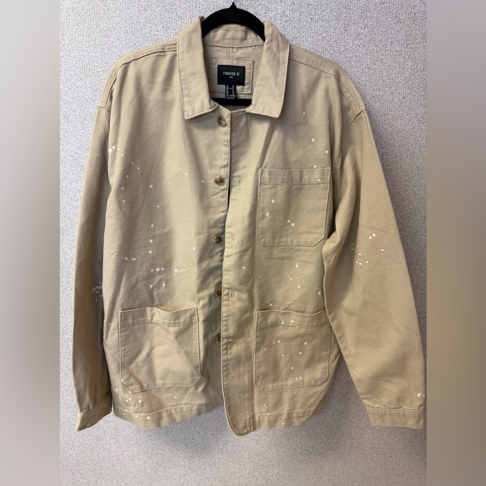 Forever 21 Men's Size Medium Taupe Tailored‎ Jacket Paint Splash Beige - Picture 2 of 10